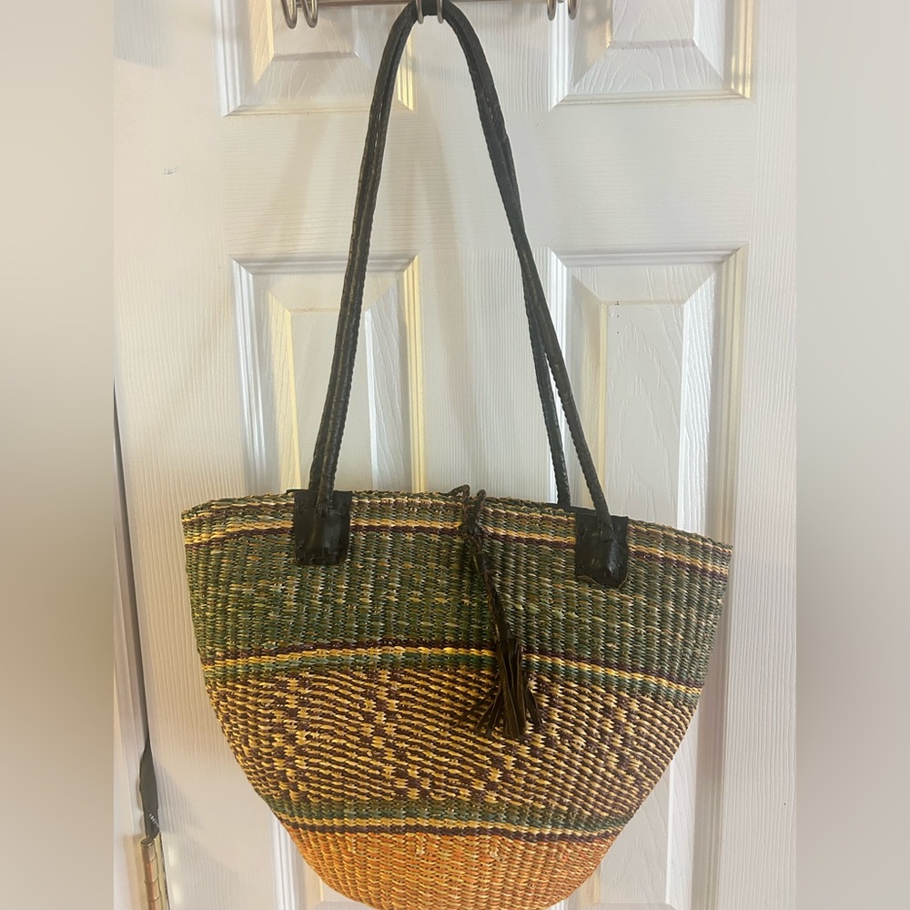 Hand Woven Straw Tote Bag - Green and Brown